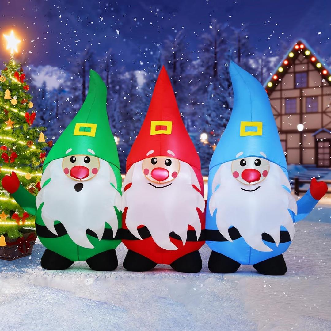 GOOSH 7.5 FT Long Christmas Inflatable Gnomes Outdoor Decoration Blow Up Yard Three Gnomes Holding Hands with Built-in LEDs for Indoor Party Garden Lawn Decor