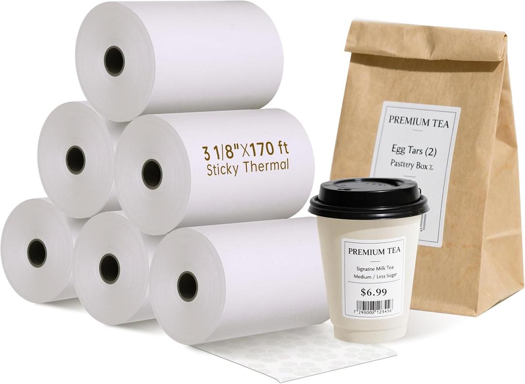 Sticky Thermal Receipt Paper 3 1/ 8" x 170' | 6 Rolls Linerless Wrinkle-Free Adhesive | For TOAST POS, Epson TM-L90 Sticky Label Paper, Kitchen Order, Delivery & Shipping Labels | Residue-Free