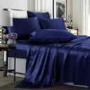 TREELY 6 Piece King Size Satin Sheet Set - Navy Blue, Deep Pocket, Fitted Sheet, Flat Sheet, 4 Pillowcases