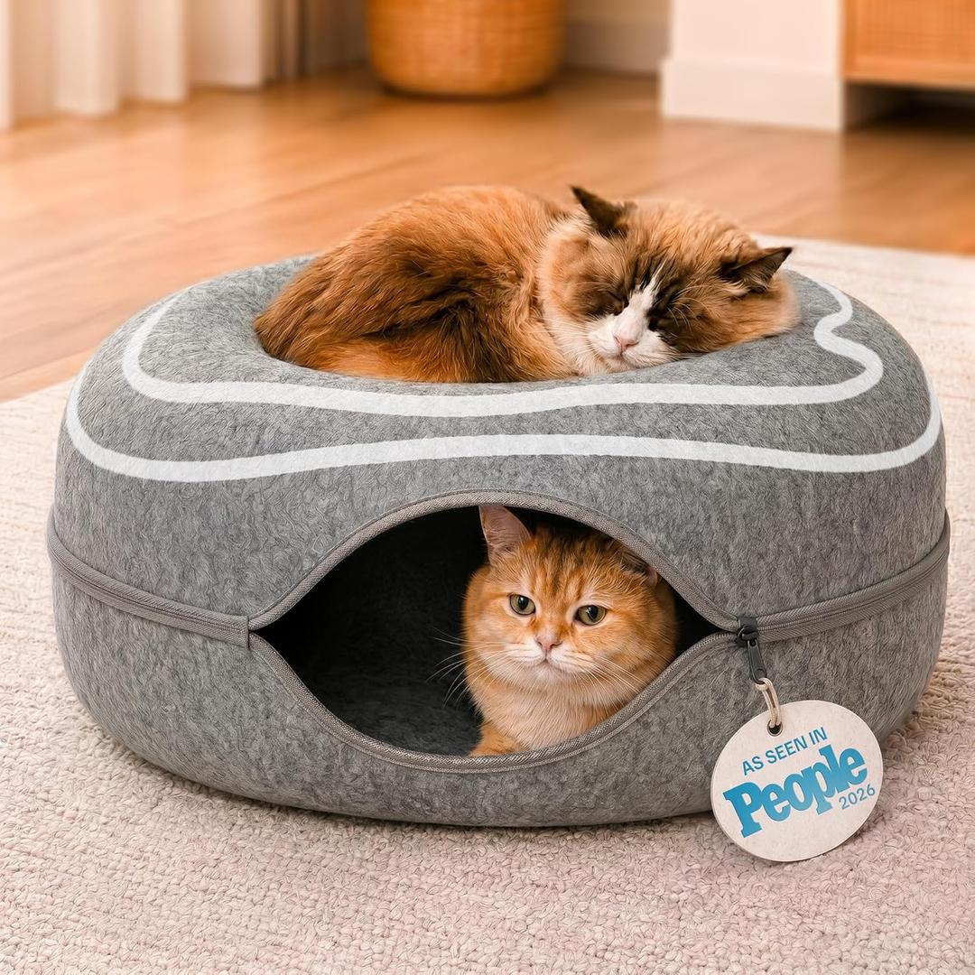 Meowfia Large Scratch-Resistant Peekaboo Cat Cave Donut Tunnel Bed Enclosure for Indoor Cats Multi-Cat Hideaway in Cute Patterns (Dark Gray)