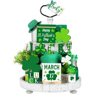 Menkxi 15 Pcs St. Patrick's Day Tiered Tray Decor Set St Patricks Day Table Decoration Wooden Table Sign Easter Tiered Tray Farmhouse Tabletop Decorations for Home Kitchen