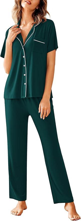 Women Pajamas Set Notch Collar Soft Sleepwear Pjs Short Sleeve Button Down Nightwear with Long Pants, Green, Medium