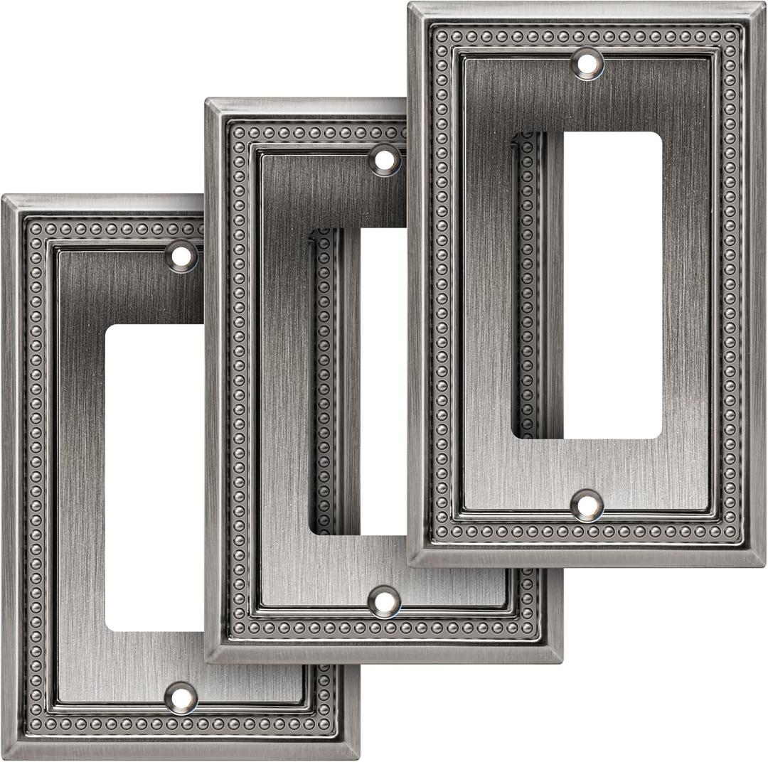 Henne Bery Sunken Pearls Heavy Duty Decorative Wall Plate Switch Plate Outlet Cover (Single Decorator, 3 Pack, Heirloom Silver)