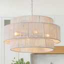 3-Tier Large Rattan Chandelier, 22.8in White Boho Coastal Pendant Lights, Woven Hemp Rope Hanging Ceiling Lights, Wicker Lighting Fixture for Kitchen Island, Dining Room, Living Room, White 