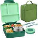Bento Lunch Box for Kids with 8oz Soup Thermo&Lunch Bag, Leak-Proof Lunch Food Containers with 4 Compartment, Hot Food Insulated Food Jar for Kids School (Green)