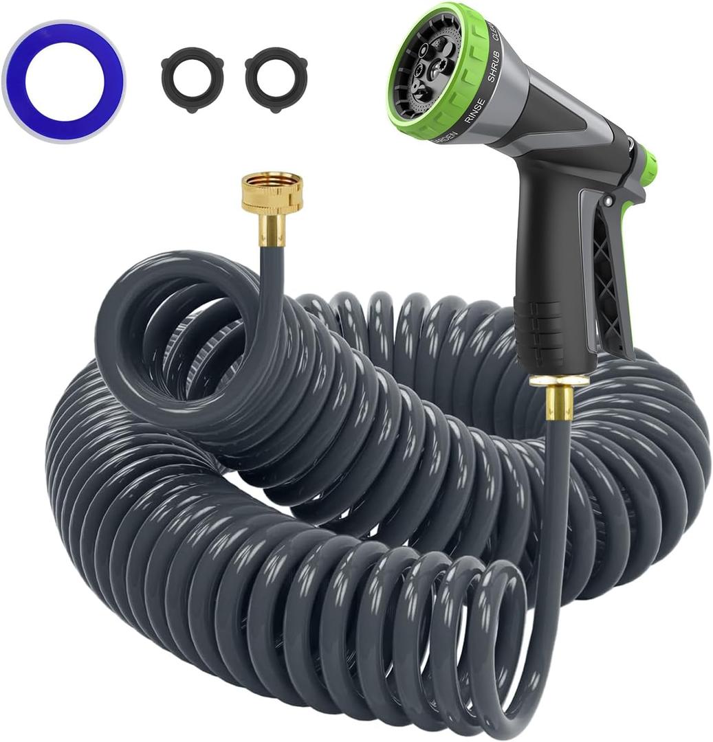 Coil Hose,3/8" EVA Coil Garden Hose 50 FT,Curly Water Hose Lightweight with Brass Connectors,Recoil Garden Hose Includes 8-Pattern Spray Nozzle for Boat, Yard, Patio, Green (Gray)