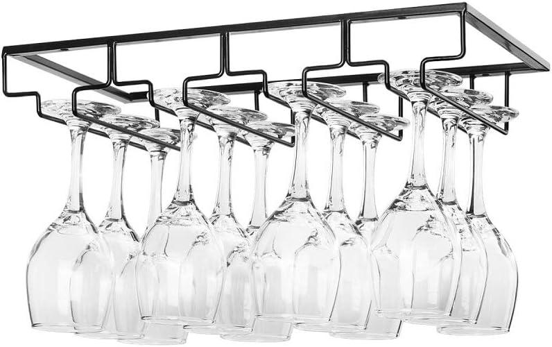 FOMANSH Wine Glass Rack Under Cabinet - Stemware Holder Metal Wine Glass Organizer Glasses Storage Hanger for Bar Kitchen Black 4 Rows