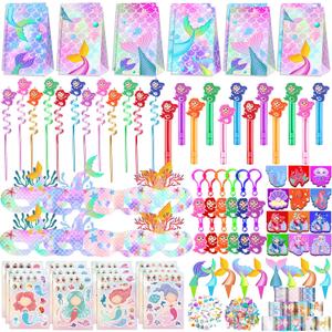 320PCS Mermaid Party Favors Birthday Decorations Supplies Kit with Goodie Bags, Bubble Wands, Straws, Masks, Stickers & More for 12 Guests
