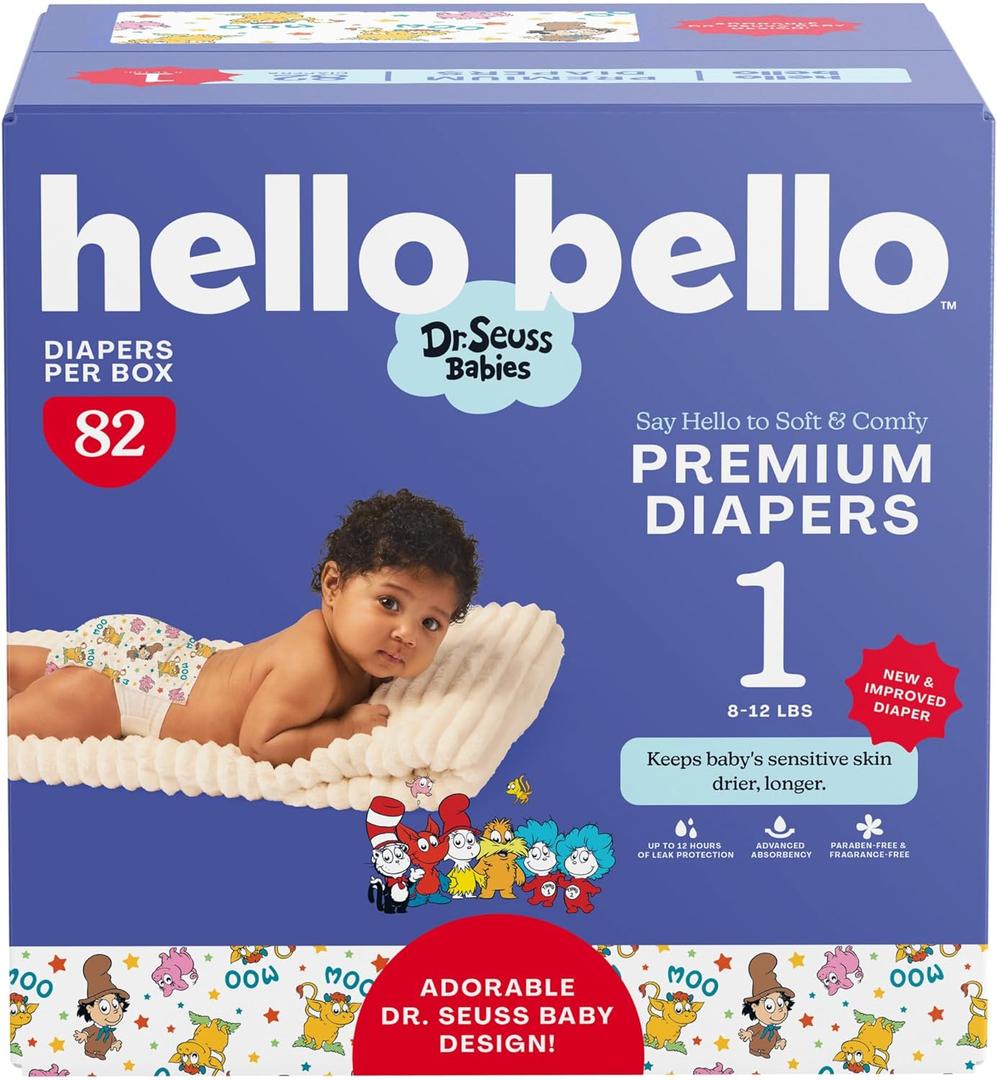 Hello Bello Dr. Seuss Babies Premium Diapers, Size 1, 82 Count: Softness & Protection for Sensitive Skin