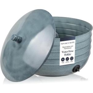 Monarch Abode Garden Hose Holder with Lid Decorative Water Hose Holders for Outside, Border Embossed Metal Patina Pot with Drainage, 100ft Waterhose Holder for Outside, Garden Storage Caddy