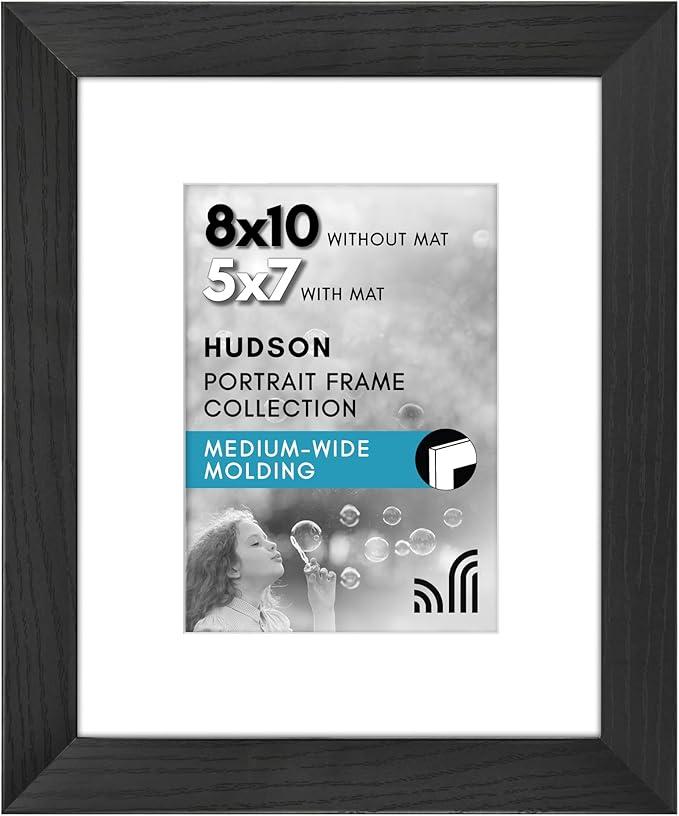 Americanflat 8x10 Picture Frame with Shatter-Resistant Glass - Use as 5x7 Frame with Mat or Display 8x10 Photo Without Mat - Hudson Collection - Wide Picture Frames for Tabletop and Wall - Black
