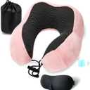 100% Pure Memory Foam Travel Pillow with Phone Pocket  Breathable Neck Support, Washable Cover, 3D Eye Mask, Earplugs & Carry Bag  Perfect for Long Flights (Pink)