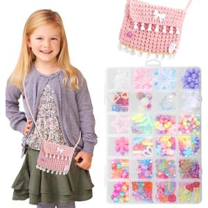 stocking stuffers for kids jewelry making kit for girls 4-8 DIY Necklace & Bracelet Craft Kit for kids, (Knitted bag+with Beads+Headwear)Gifts & pop beads Toys DIY Hand Christmas Ornament Kits(B)