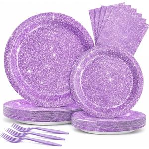 80pcs Purple Glitter Birthday Paper Plates And Napkins for Party Supplies