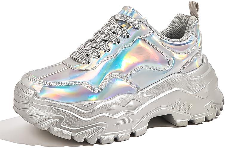 Niluber Chunky Sneakers for Women Platform Sneakers for Women Comfortable Casual Tennis Shoes Lace Up Fashion Walking Shoes (8.5, Silver Hologram)