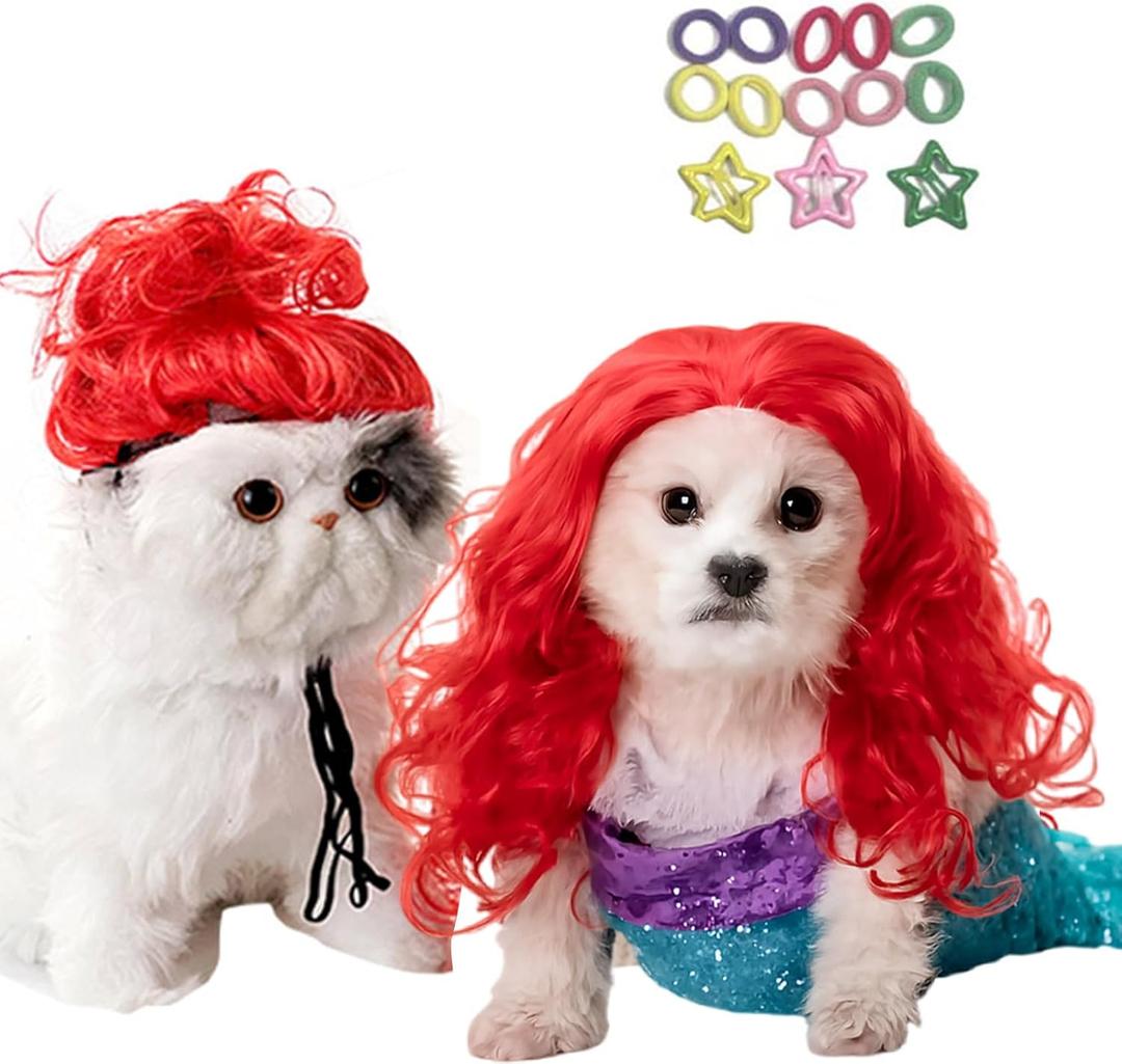 Red Funny pet Wig  DIY Haircut & Adjustable Fit  Red Wig Mermaid Costume for Pets Cat & Dog Costume for Halloween, Party, Photo Shoots  3D Natural Look  Fits 5kg-50kg Pets