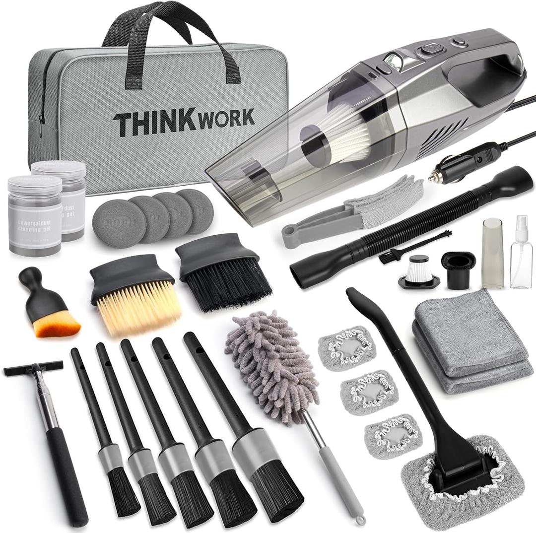 THINKWORK Car Cleaning Kit, Car Detailing Kit Interior Cleaner with High Power Handheld Vacuum, 10Pcs Detailing Brush and Storage Bag, Gray Auto Interior Cleaning Kit for Men, 31pcs With Corded Vacuum