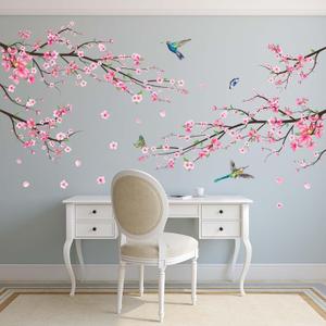 Pink Watercolor Cherry Blossom Wall Stickers - Tree Branch Flower Birds Wall Decals - Bedroom Living Room Sofa TV Background Home Wall Decor (Large)