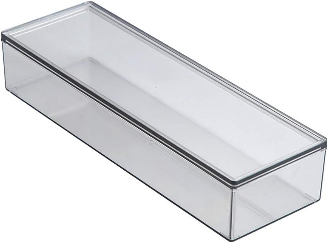 Transparent Flatware Tray Kitchen Drawer Organizer With Lid - Plastic Kitchen Cutlery Tray and Utensil Silverware Storage Container with Cover - Dinnerware Holder for Spoons Forks Knives