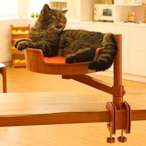 Cat Bed Desk with Pet Mat, Cat Hammock for Desk with Bowl, 360 Rotation and Adjustable Height, Orange