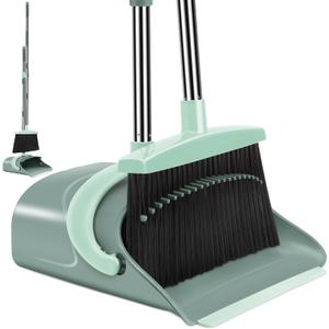 Broom and Dustpan Set for Home, Dust pan with Long Handle, Broom with Dustpan Combo Set, for Home Kitchen Room Office Lobby Floor Use Upright Stand Up Sweeping (Gray&Green)