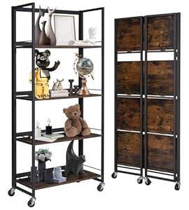 BIBKOK No-Assembly Folding Bookshelf Storage Rack Shelves with Castors 4 Tiers Vintage Bookcase Standing Racks Multifunctional Plant Flower Stand Study Organizer for Home Office (Wood, Rustic Black)