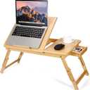 Bamboo Laptop Desk for Bed, Foldable Laptop Bed Desk Adjustable Height, Laptop Bed Stand Table with Tilting Top and Drawer
