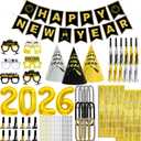 New Years Eve Party Supplies 2026 for 24, New Years Eve Party Decorations, a Banner, 12 Hat, 12 Glasses, 24 Blowouts, 12 Leis, 12 Necklaces 2 Foil Fringe Curtains,32 Inches "2026" Foil Balloons