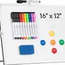 Dry Erase White Board, Cazeyoo Magnetic Desktop Whiteboard 16 x 12inch with Stand, 10 Markers, 4 Magnets and 1 Eraser, Portable Double-Sided White Board for Kids Drawing, Office, Home, School (Metal)