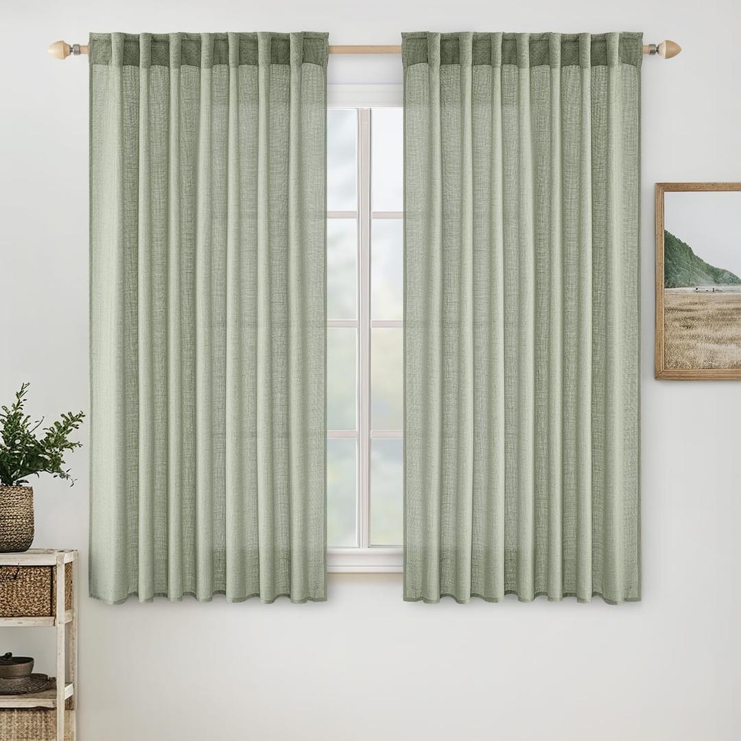 MIULEE Sage Short Linen Curtains 45 Inch Length 2 Panels for Kitchen Bedroom Bathroom,Green Soft Thick Linen Textured Window Drapes Semi Sheer Light Filtering Back Tab Rod Pocket Burlap Look Decor