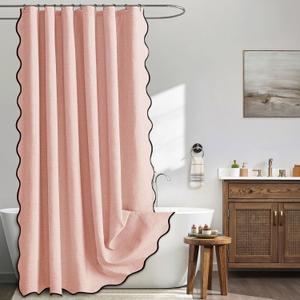 MIULEE Blush Pink Scalloped Shower Curtain Linen Textured with 12 Metal Hooks Cute Heavy Duty Washable Waterproof Thick Cloth Shower Curtains with Black Border for Bathroom Hotel Bathtub,W72*L72