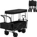 ALIMORDEN Foldable Canopy Wagon Garden Cart, Heavy Duty Outdoor Utility Collapsible Tool Cart with Removable Canopy and Big Wheels, Black