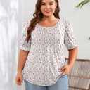 Ficerd Women's Plus Size Puff Short Sleeve Tunic Tops Crew Neck Pleated Blouses Summer Casual T Shirt Blouse 1X-5X (White, XL)