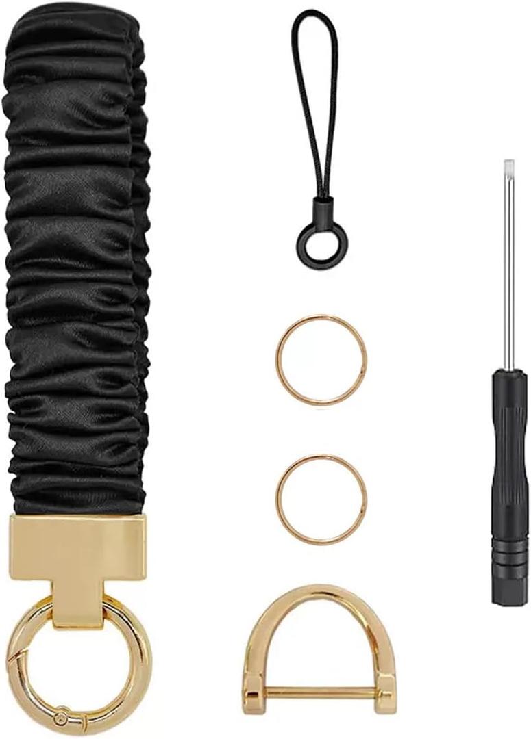 2 x Keychain Wristlet, Stretchy Key Chain for Car Keys with D ring, Cute Scrunchie Wrist Bracelet, Fashion Key Holder for Women Men Girl Teens Teacher, Black