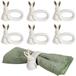 Ceramic Bunny Napkin Rings Set of 6, White Easter Rabbit Napkin Holder Ring with Gold Ear for Easter Day, Spring, Wedding, Party, Family Gathering, Dinner Table Decoration