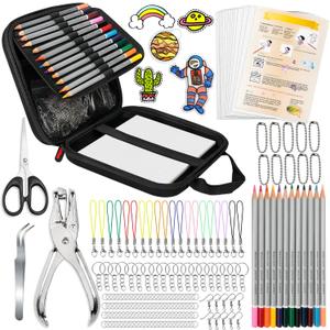 196Pcs Shrinky Dink Sheets Kit with Case, Shrink Plastic Sheet, Shrinky Dink Kit Include 20PCS Shrink Art Paper and 175 PCS Keychain Accessories for Creative Art Craft
