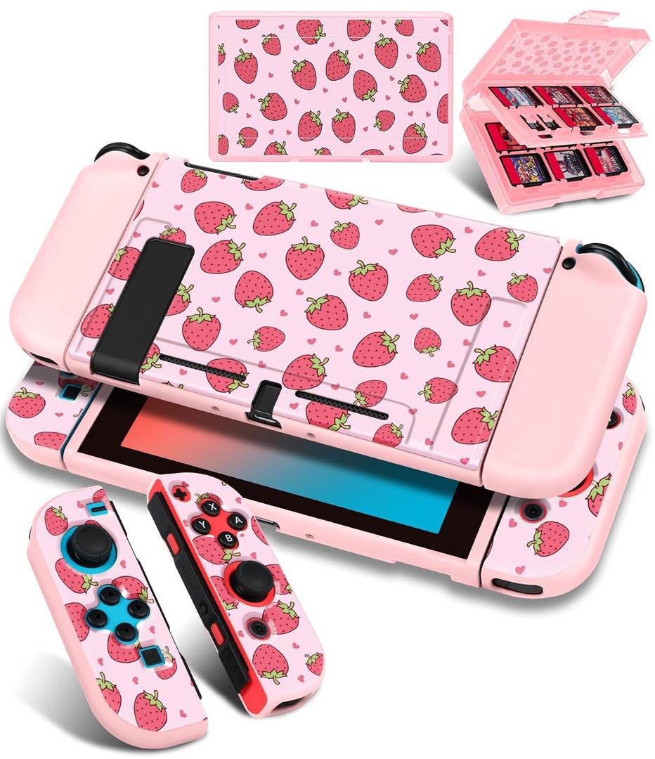 Gurgitat 4in1 Cute for Nintendo Switch Case Protector Switch Game Cases Cartridge Storage Flowers Black Cat Cartoon Girls 24 Game Card Holder Organizer+Skin Controller Dockable Cover for Switch 2017 (13-Pink Strawberry)