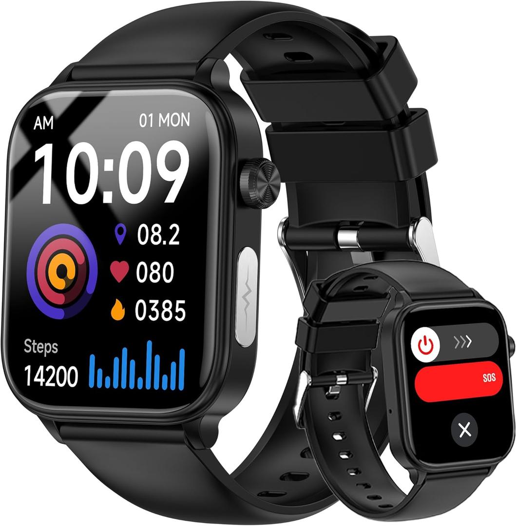 Smart Watch for Men Women (Answer/Make Calls), 1.96" HD Screen Fitness Watch with Blood Pressure/Heart Rate/Sleep/Body Temperature/Stress Monitor, SOS Button, IP68 Waterproof (Black)