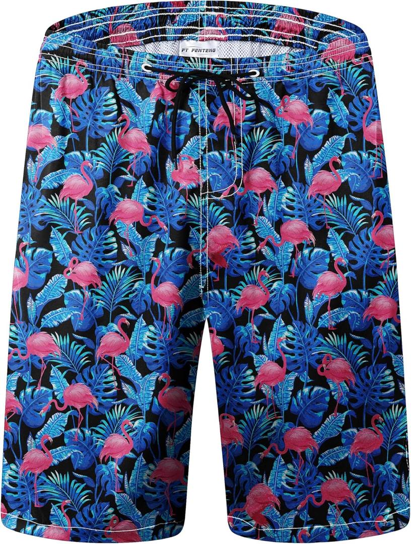 FT FENTENG Mens Swim Trunks Quick Dry Board Shorts with Mesh Lining, Breathable Surf Beach Shorts Swimwear Bathing Suits (Medium, Blue Leaf Flamingo-1)