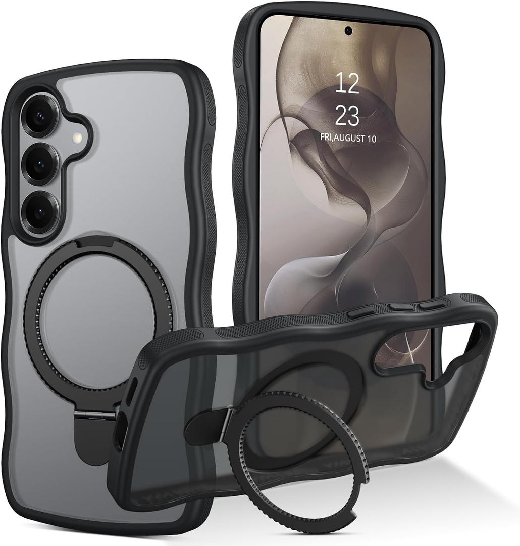 BENTOBEN for Samsung Galaxy S25 Case with Ring Stand, Cute Curly Wave Frame Galaxy S24/S25 Phone Case Compatible with MagSafe, Translucent Matte Shockproof Kickstand Cover for S24/S25 6.2", Black