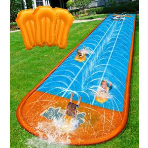 Spring Water Slip and Water Slide for Kids Backyard, 22ft*3 Racing Lanes Slip Water Slides with Sprinkler for Age 5-8 8-12, Summer Outdoor Water Toy with 3 Inflatable Bodyboards, 22ft-Triple Lane