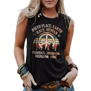 Birth Place Earth Race Human Politics Freedom Religion Love Tank Top Women Sleeveless Summer Casual Vacation Basic Shirt (Black, XL)