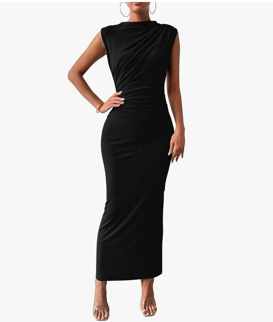 BTFBM Women's Ruched Bodycon Dress Summer Casual Sleeveless Back Slit Elegant Club Evening Party Cocktail Maxi Dresses M