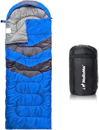 MalloMe Sleeping Bags for Adults Cold Weather & Warm - Backpacking Camping Sleeping Bag for Kids 10-12, Girls, Boys - Lightweight Compact Camping Essentials Gear Accessories Hiking Sleep Must Haves (60-90°F Warm Weather - Blue)