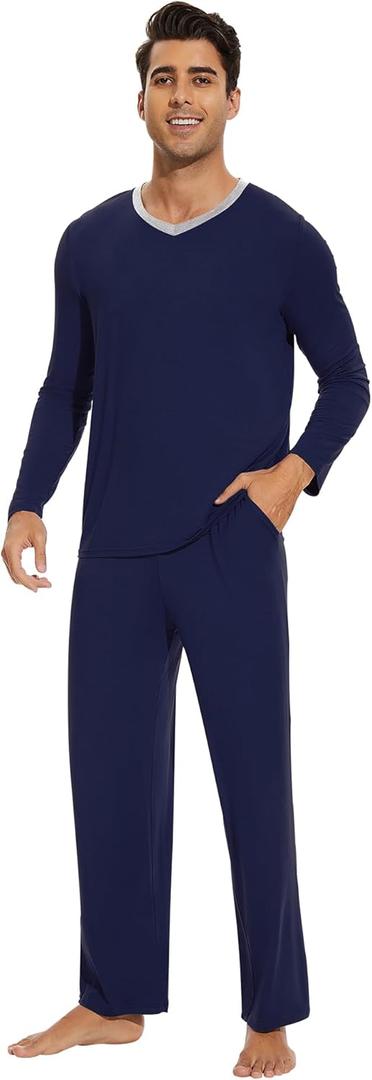 WiWi Men's Viscose from Bamboo Pajama Sets Long Sleeve Top and Pants Sleepwear Comfy Lightweight Loungewear Set S-XXL (Large)