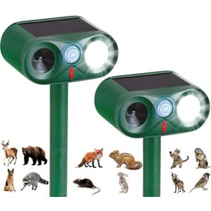 2Pack Solar Ultrasonic Animal Repeller with Strobe Light  for Gardens, Farms and courtyards Outdoor Deterrent for Raccoons, Deer, Squirrels, Cats, Skunks & Foxes (2PCS, Green)
