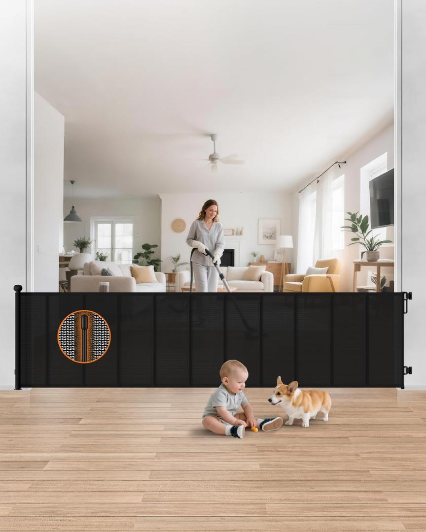 120" Extra Wide Retractable Baby Gate, 34" Tall Reinforced Mesh Pet Gate Indoor with 10 Rods to Prevent Sagging, Extra Long Dog Gate for Large Openings, Doorways & Open Spaces, Black