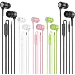 Earbuds Earphones with Microphone, 5 Pack Wired Heavy Bass Headphones, Earphone with Noise Isolating, Fits 3.5mm Interface for iPad, Desktop (Green+Black+White+Black+Pink)