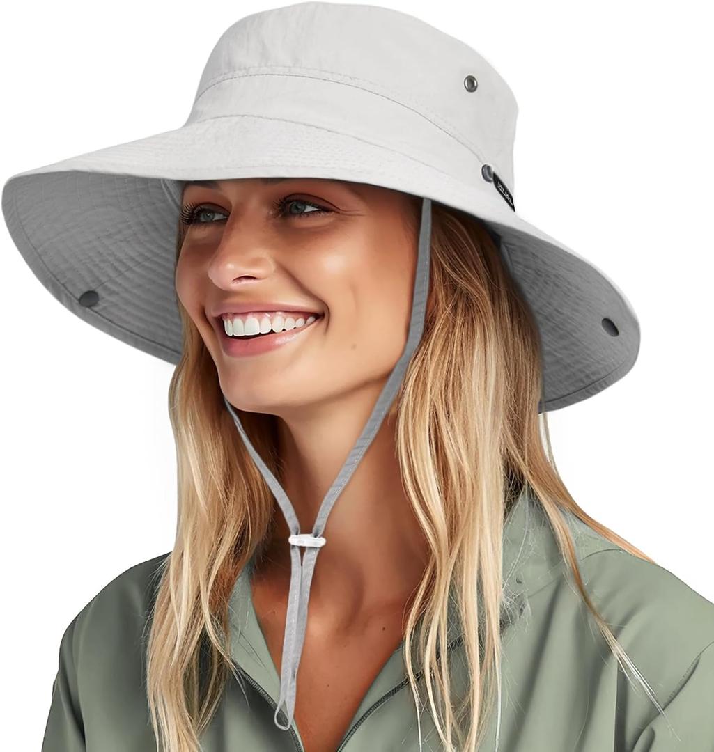 FURTALK Sun Hats for Women Ponytail UPF 80+ Beach Summer Hat Wide Brim Packable Cowboy Hat (One Size, Light Grey)