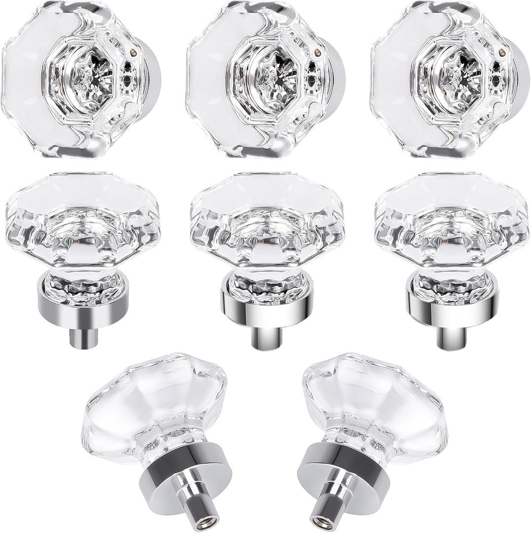 8 Pcs Crystal Glass Cabinet Knobs, Octagon Polished Chrome Clear Drawer Pulls and Knobs for Cabinet Kitchen Dresser Bathroom Cupboard